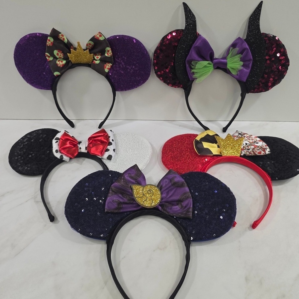 5 pc Disney Villains Halloween Mickey Ears Maleficent Ursula Evil Queen Cruella